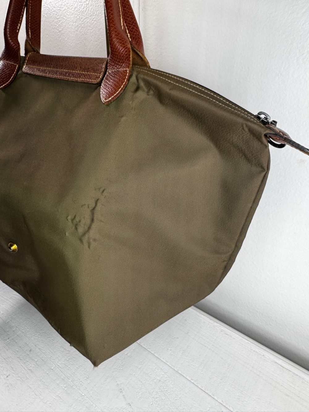 Longchamp Le Pliage Large Tote Olive Green Nylon Brown Leather Authentic - Picture 6 of 15